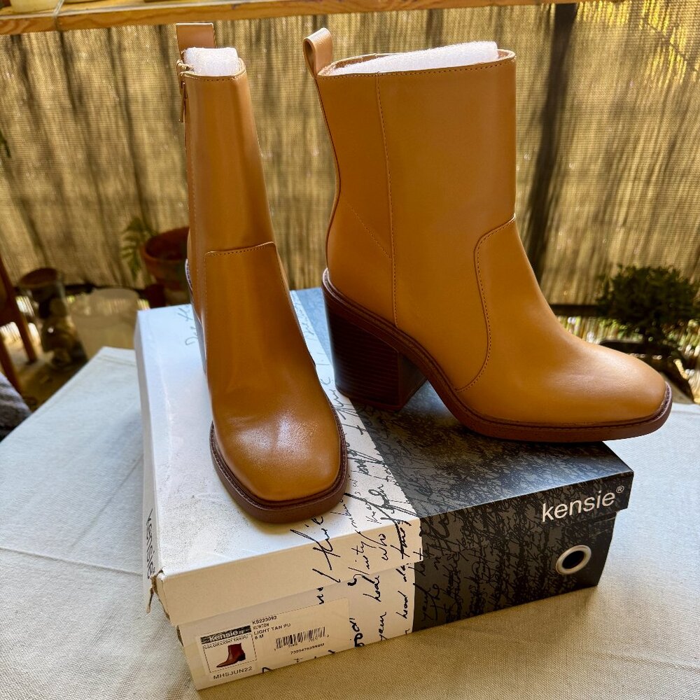 Kensie Klinton Light Tan Block-Heel Ankle Bootie – Size 8